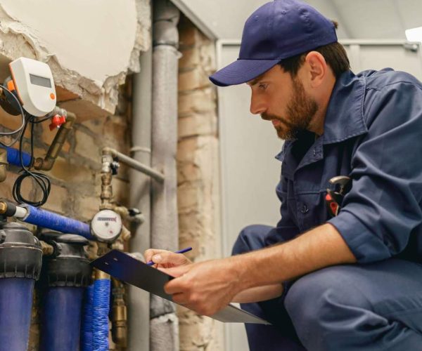 professional in blue hat looking at water heater